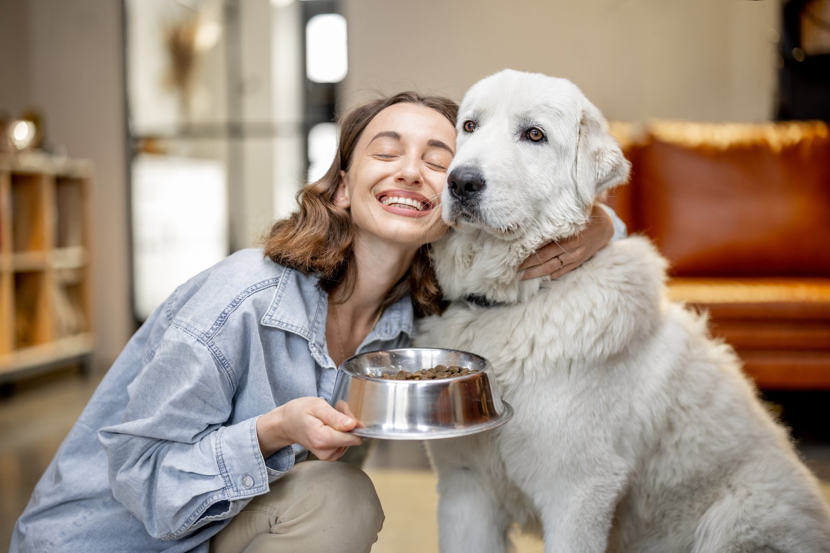 Woman Feeding Dog with a Dry Food at Home