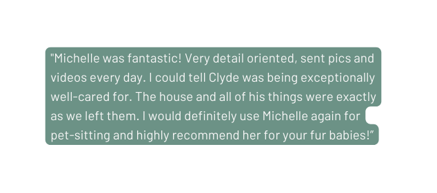 Michelle was fantastic Very detail oriented sent pics and videos every day I could tell Clyde was being exceptionally well cared for The house and all of his things were exactly as we left them I would definitely use Michelle again for pet sitting and highly recommend her for your fur babies